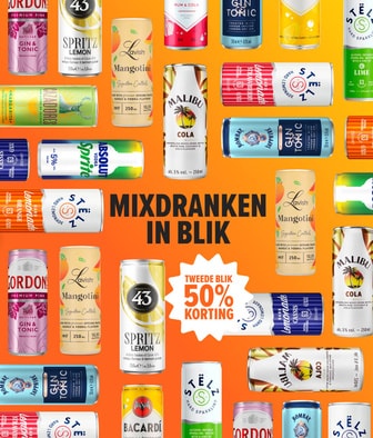 2e blik 50% korting. Kies & mix premix drankjes.